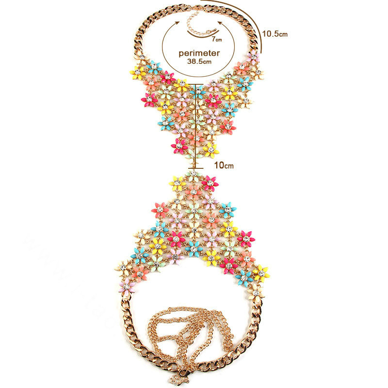 Romantic Crystal Flower Bib Pendant Necklace Dinner Party Dress Decro Body Chain - Colour