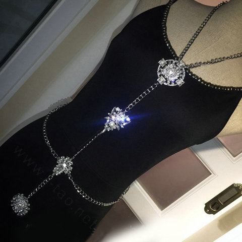 Sexy Banquet Crystal Flower Belly Body Chain Bikini Beach Decro Necklace Jewelry - White