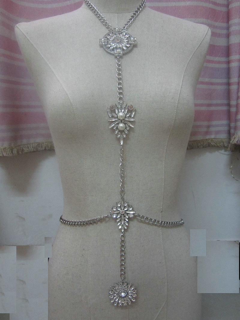 Sexy Banquet Crystal Flower Belly Body Chain Bikini Beach Decro Necklace Jewelry - White
