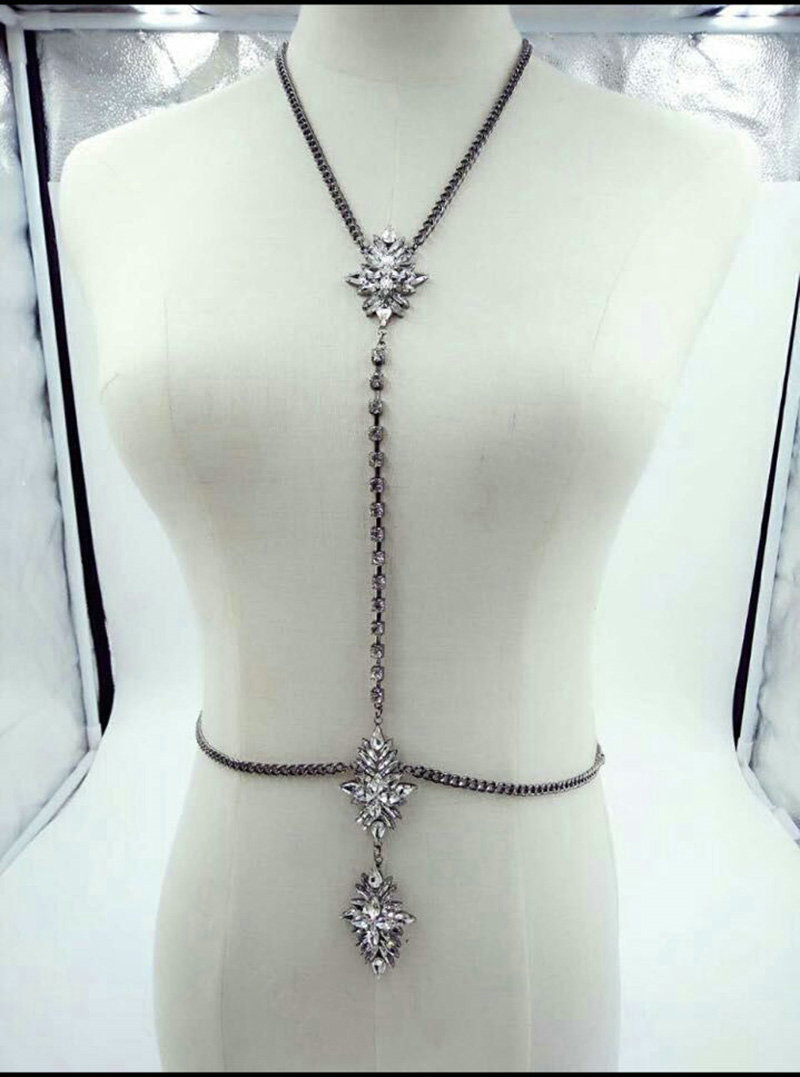 Sexy Banquet Crystal Flower Belly Body Chains Bikini Decro Pendant Necklace Jewelry - White