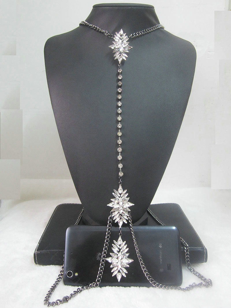 Sexy Banquet Crystal Flower Belly Body Chains Bikini Decro Pendant Necklace Jewelry - White