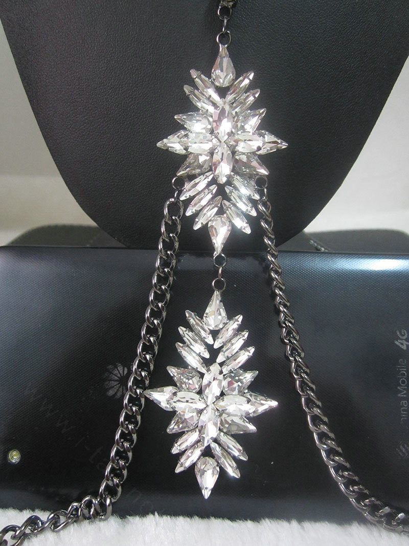 Sexy Banquet Crystal Flower Belly Body Chains Bikini Decro Pendant Necklace Jewelry - White
