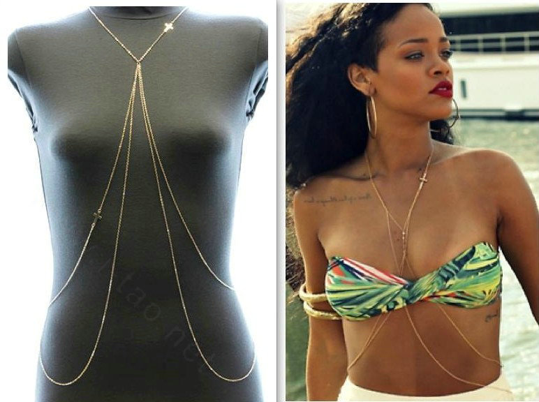 Sexy Bikini Beach Layering Cross Belly Waist Body Chains Dress Decro Necklace Jewelry - Gold