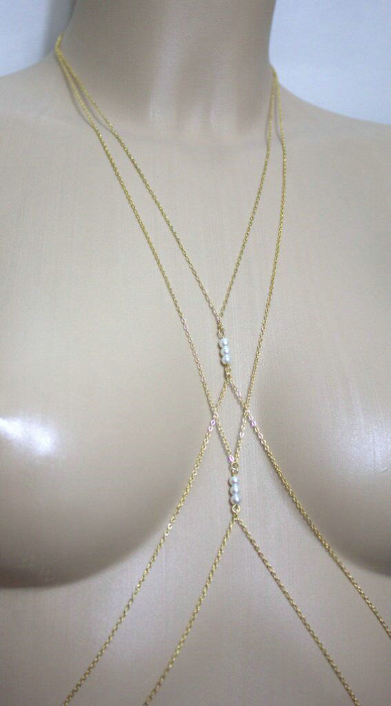 Sexy Bikini Beach Pearl Cross Belly Waist Body Chains Dress Decro Necklace Jewelry - Gold