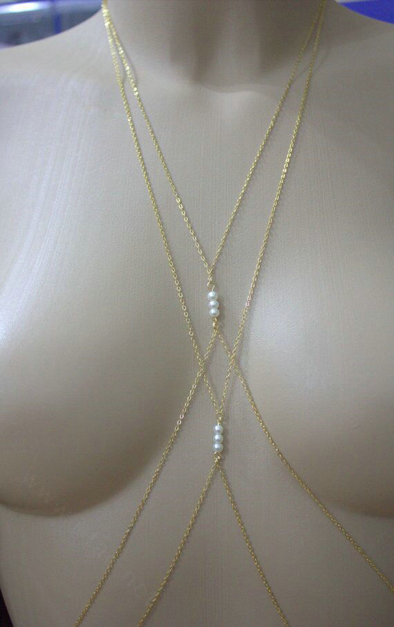 Sexy Bikini Beach Pearl Cross Belly Waist Body Chains Dress Decro Necklace Jewelry - Gold