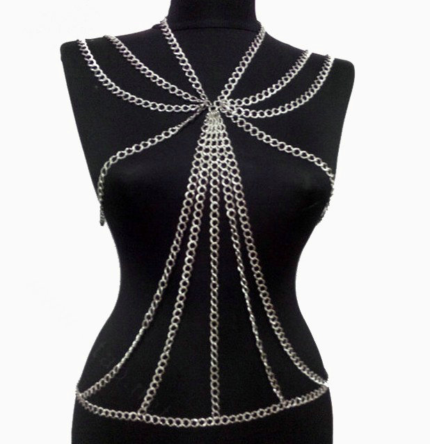 Sexy Crossover Belly Waist Body Chain Showgirl Harness Necklace Jewelry - Silver