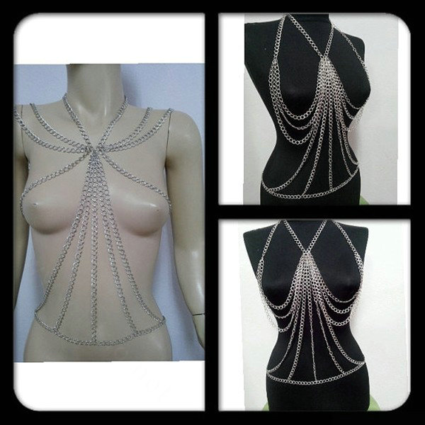 Sexy Crossover Belly Waist Body Chain Showgirl Harness Necklace Jewelry - Silver