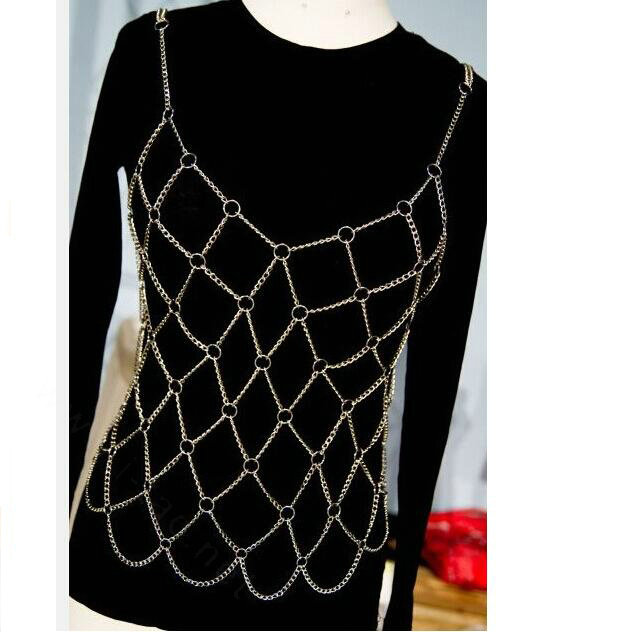 Sexy Crossover Full Body Chain Necklace Nightclub Showgirl Halter Bra Lingerie Jewelry - Sliver