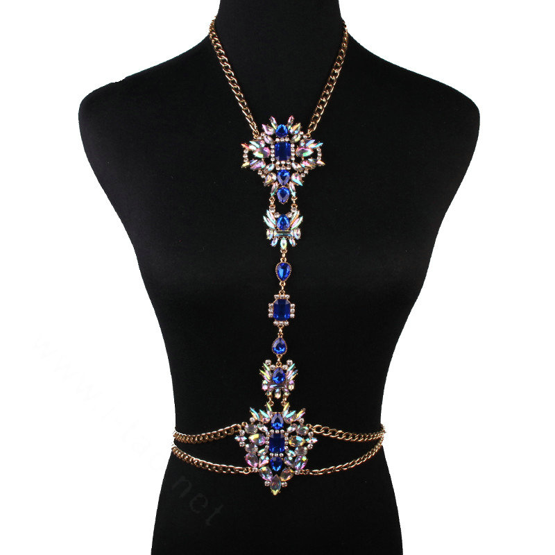 Sexy Crystal Flower Belly Body Chain Bikini Party Decro Pendant Necklace Jewelry - Blue