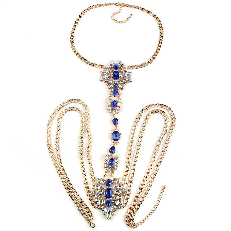 Sexy Crystal Flower Belly Body Chain Bikini Party Decro Pendant Necklace Jewelry - Blue