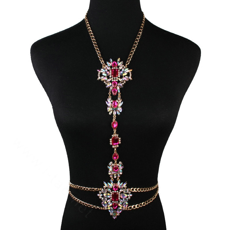Sexy Crystal Flower Belly Body Chain Bikini Party Decro Pendant Necklace Jewelry - Rose