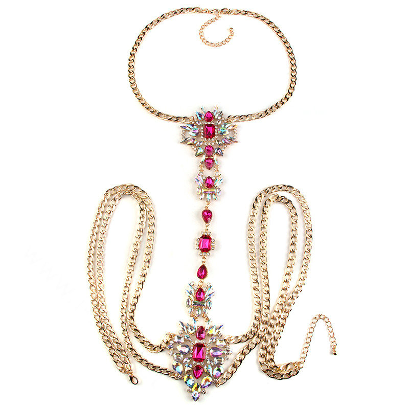 Sexy Crystal Flower Belly Body Chain Bikini Party Decro Pendant Necklace Jewelry - Rose