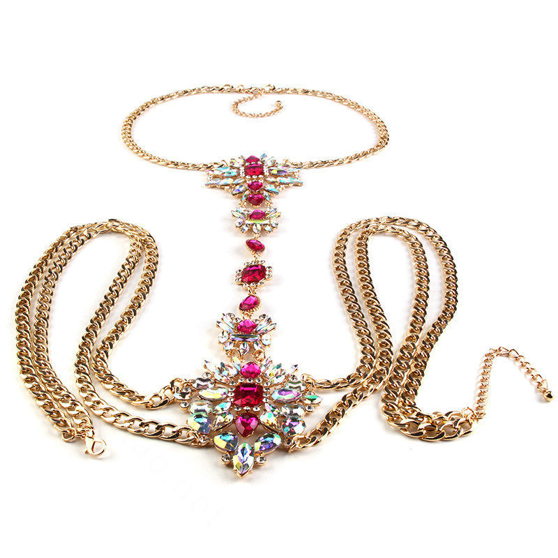 Sexy Crystal Flower Belly Body Chain Bikini Party Decro Pendant Necklace Jewelry - Rose