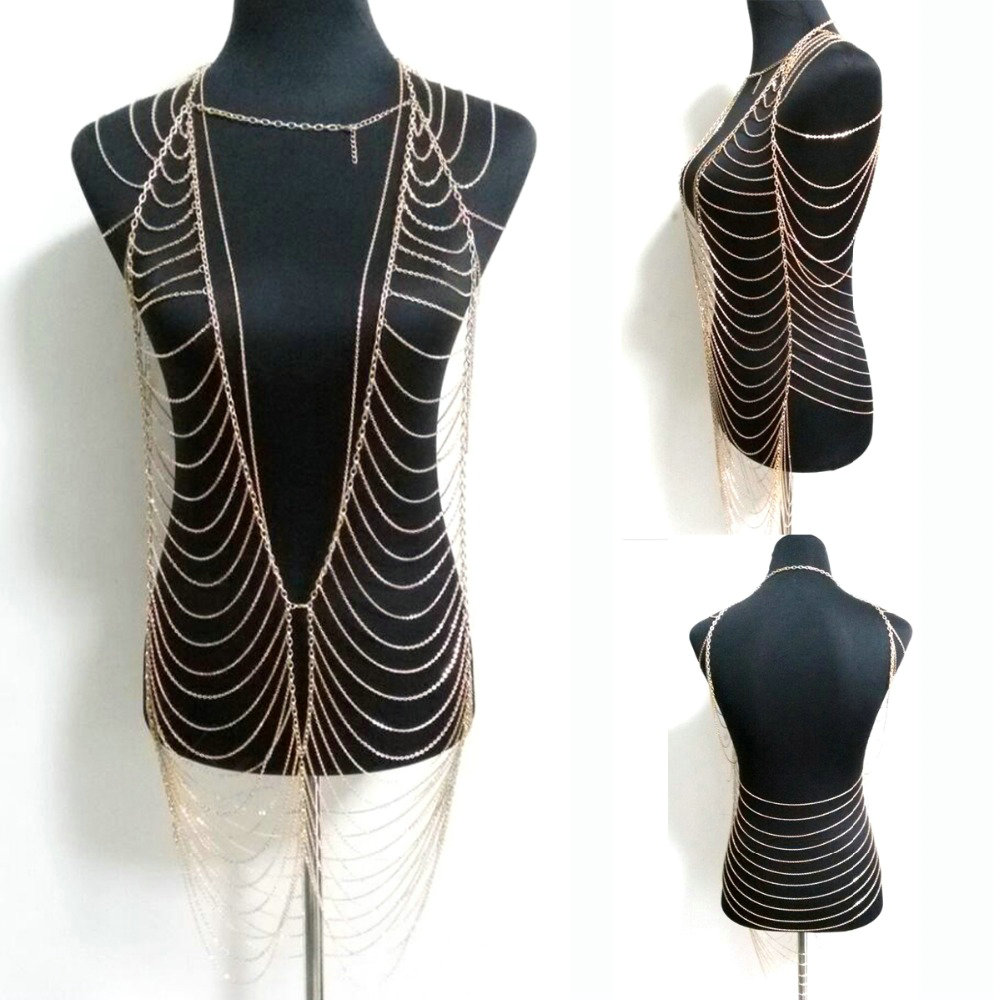 Sexy Fashion Body Bra Chain Club Dance Crossover Bikini Beach Long Necklace Jewelry - Gold