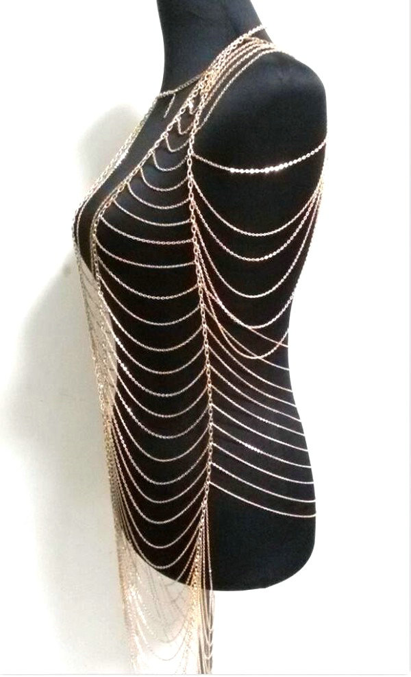 Sexy Fashion Body Bra Chain Club Dance Crossover Bikini Beach Long Necklace Jewelry - Gold