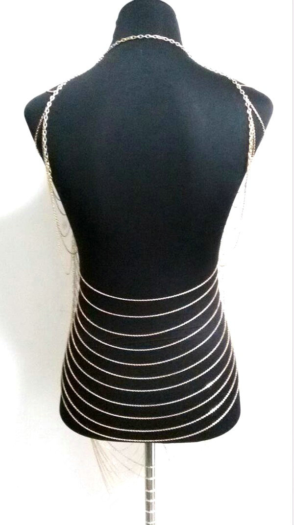 Sexy Fashion Body Bra Chain Club Dance Crossover Bikini Beach Long Necklace Jewelry - Gold