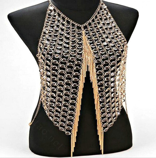 Sexy Full Body Chain Vest Slave Necklace Showgirl Halter Dress Decro Jewelry - Gold