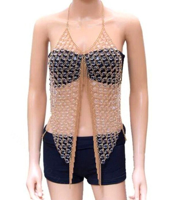 Sexy Full Body Chain Vest Slave Necklace Showgirl Halter Dress Decro Jewelry - Gold