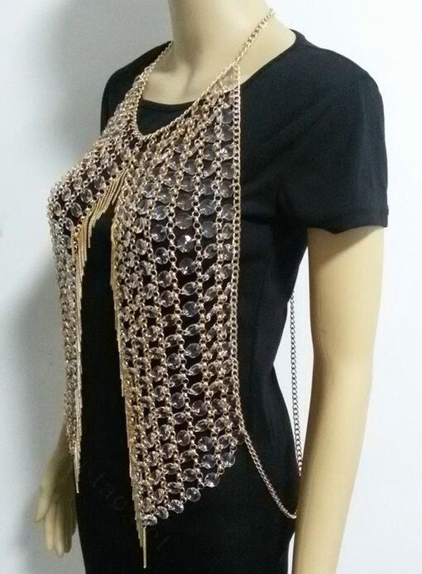 Sexy Full Body Chain Vest Slave Necklace Showgirl Halter Dress Decro Jewelry - Gold