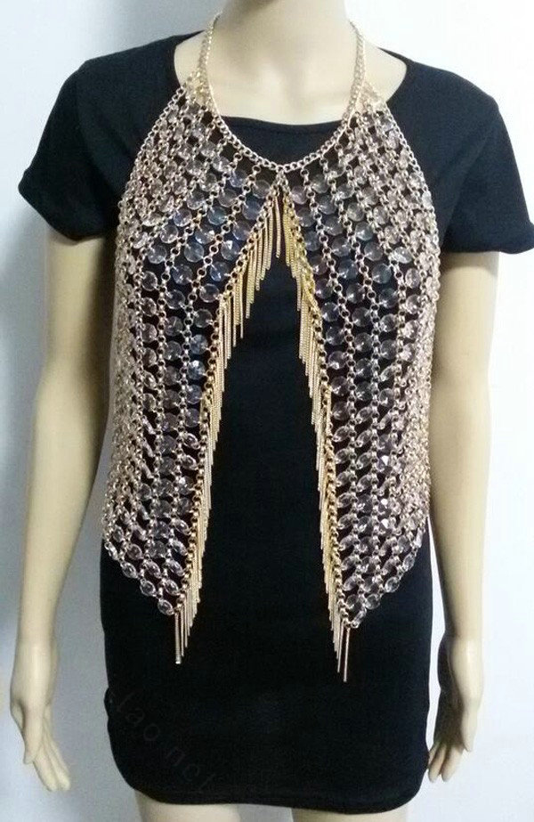 Sexy Full Body Chain Vest Slave Necklace Showgirl Halter Dress Decro Jewelry - Gold