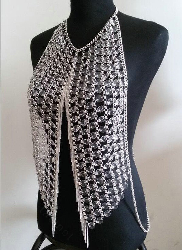 Sexy Full Body Chain Vest Slave Necklace Showgirl Halter Dress Decro Jewelry - Sliver
