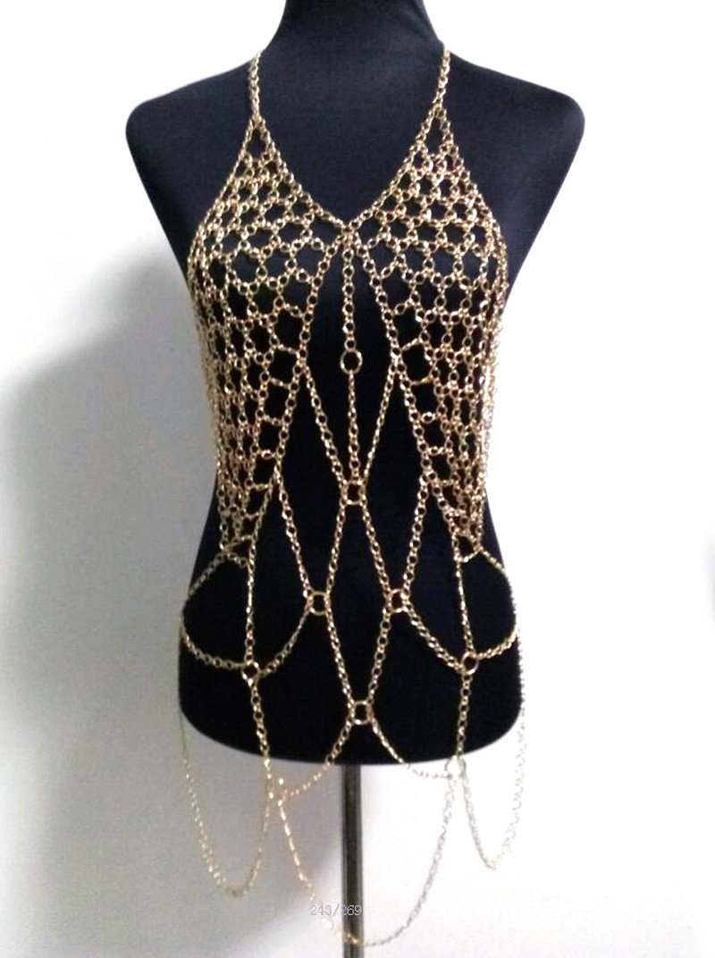 Sexy Halter Bra Body Chain Harness Burlesque Lingerie Bikini Belly Waist For Women Necklace - Gold