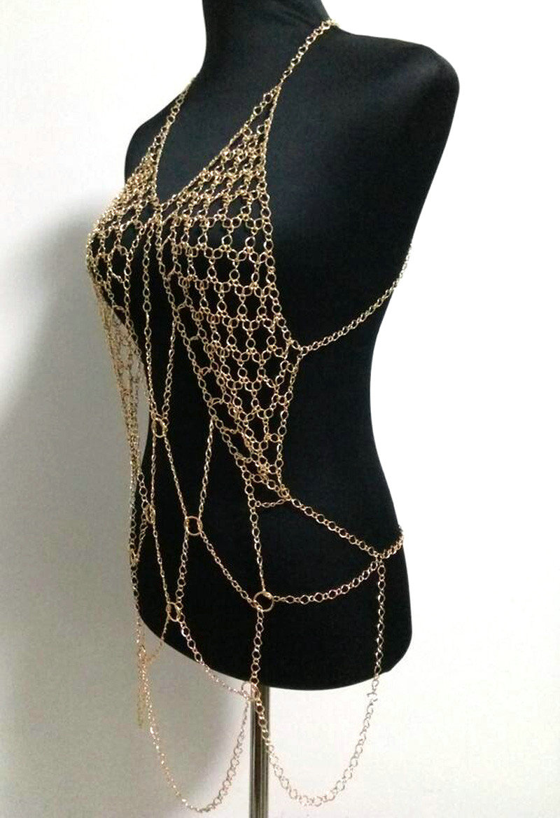 Sexy Halter Bra Body Chain Harness Burlesque Lingerie Bikini Belly Waist For Women Necklace - Gold