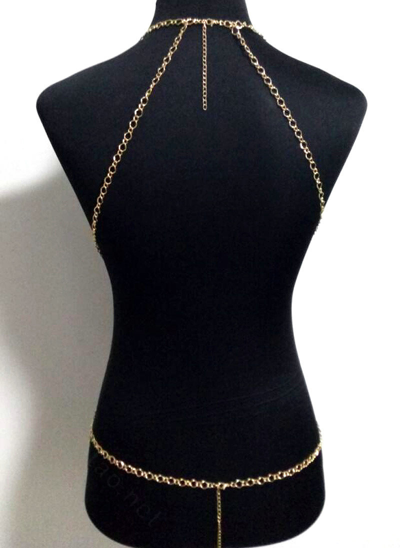 Sexy Halter Bra Body Chain Harness Burlesque Lingerie Bikini Belly Waist For Women Necklace - Gold