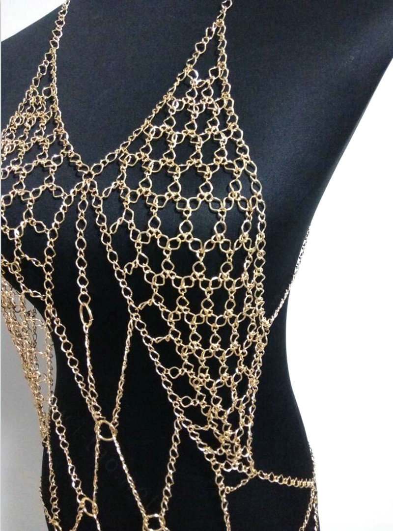 Sexy Halter Bra Body Chain Harness Burlesque Lingerie Bikini Belly Waist For Women Necklace - Gold