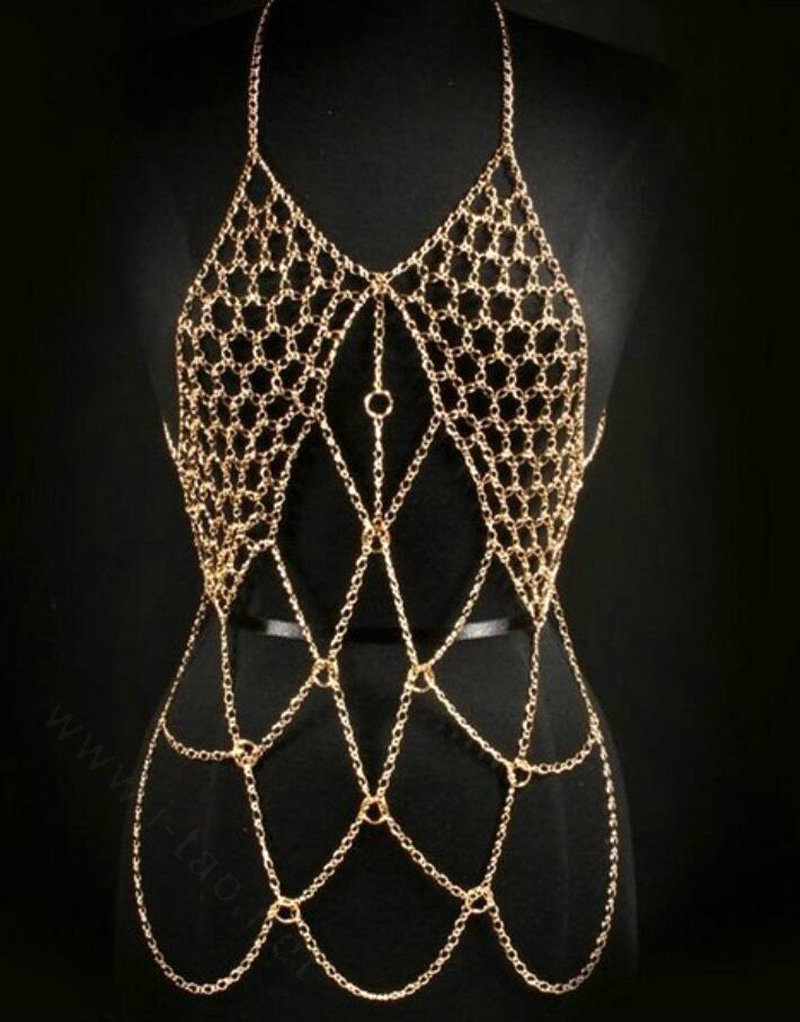 Sexy Halter Bra Body Chain Harness Burlesque Lingerie Bikini Belly Waist For Women Necklace - Gold