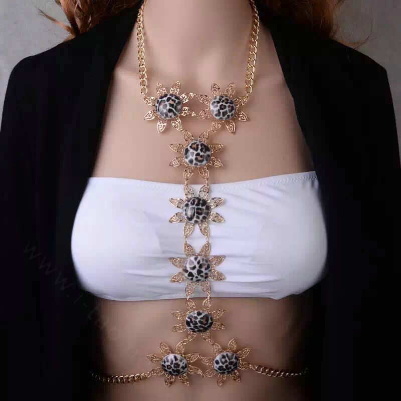 Sexy Leopard Alloy Flower Belly Body Chain Bikini Beach Decro Pendant Necklace Jewelry - Gold