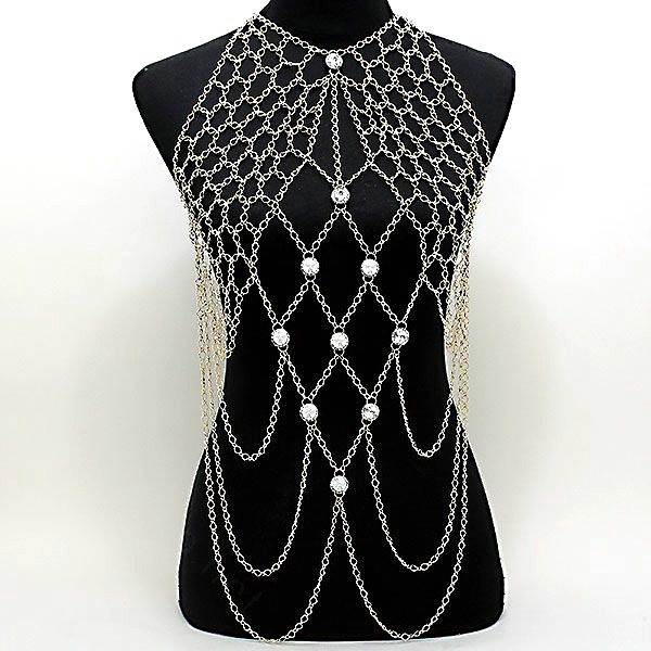 Sexy Lingerie Crystal Necklace Mesh Full Body Bikini Chain Showgirl Decro Jewelry - Gold