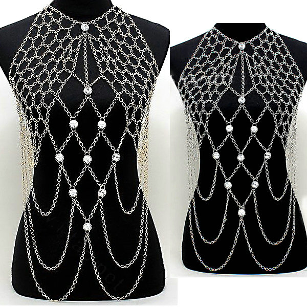 Sexy Lingerie Crystal Necklace Mesh Full Body Bikini Chain Showgirl Decro Jewelry - Gold