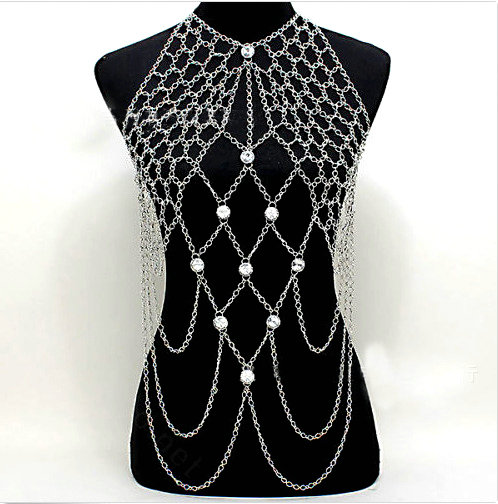 Sexy Lingerie Crystal Necklace Mesh Full Body Bikini Chain Showgirl Decro Jewelry - Sliver