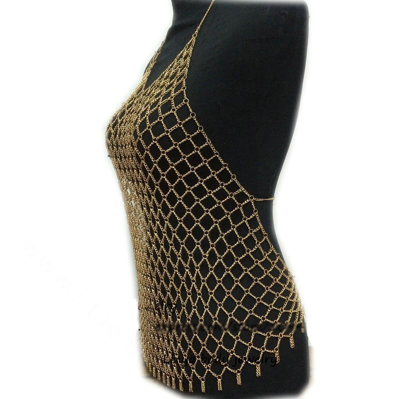 Sexy Mesh Full Body Chain Necklace Nightclub Showgirl Halter Bra Lingerie Jewelry - Gold