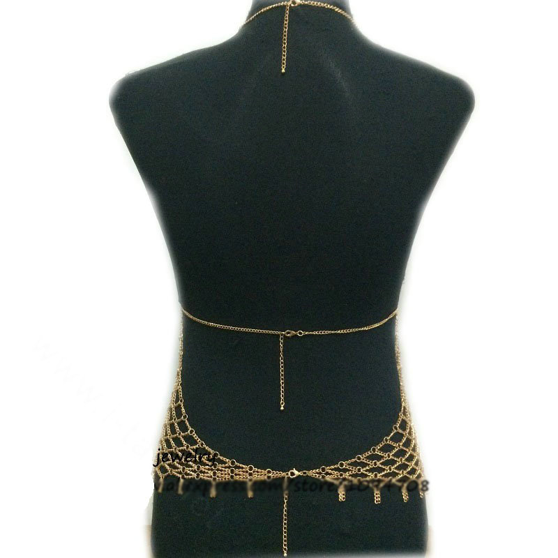 Sexy Mesh Full Body Chain Necklace Nightclub Showgirl Halter Bra Lingerie Jewelry - Gold