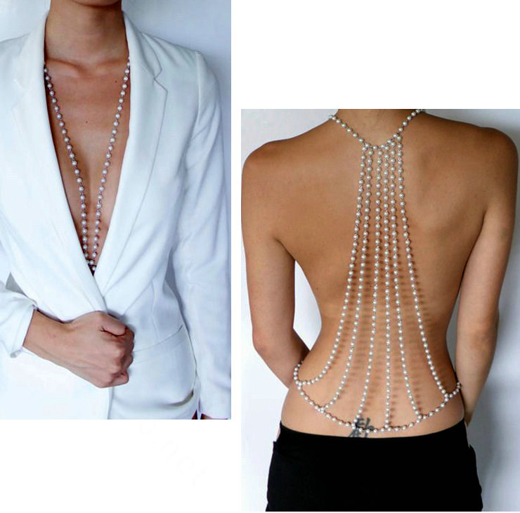 Sexy Pearl Back Drop Necklace Bikini Body Chain Belly Evening Dress Decor Jewelry - Sliver