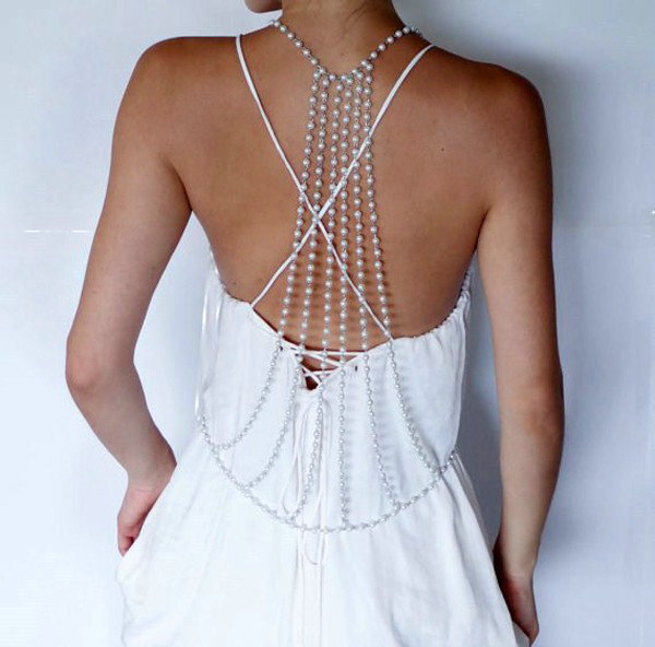 Sexy Pearl Back Drop Necklace Bikini Body Chain Belly Evening Dress Decor Jewelry - Sliver