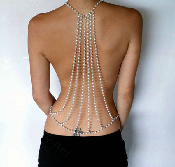 Sexy Pearl Back Drop Necklace Bikini Body Chain Belly Evening Dress Decor Jewelry - Sliver