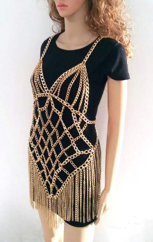 Sexy Waist Tassel Body Chain Halter Bra Lingerie Dress Showgirl Necklace Jewelry - Gold