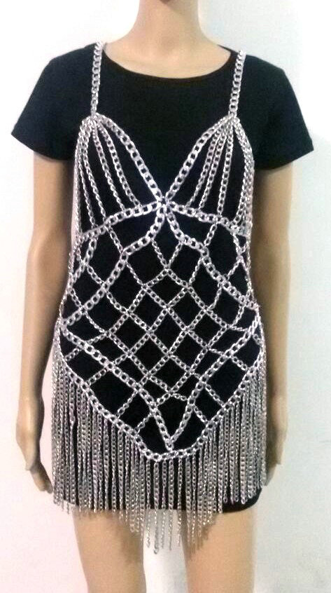 Sexy Waist Tassel Body Chain Halter Bra Lingerie Dress Showgirl Necklace Jewelry - Gray