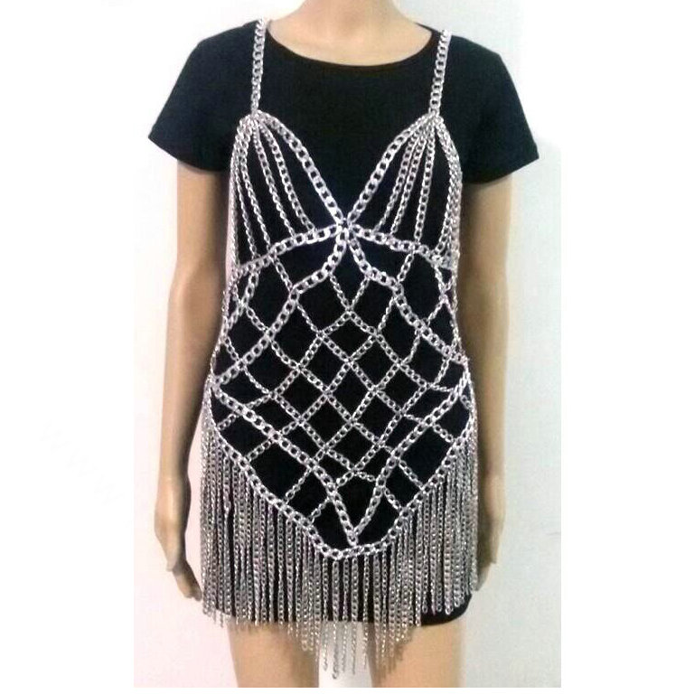 Sexy Waist Tassel Body Chain Halter Bra Lingerie Dress Showgirl Necklace Jewelry - Sliver