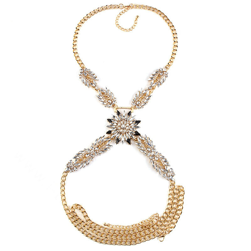 Simple Diamond Flower Pendant Necklace Bikini Beach Dress Decro Body Chain Jewelry - Black