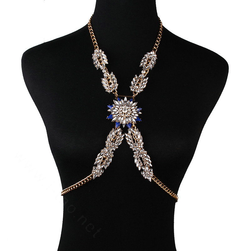 Simple Diamond Flower Pendant Necklace Bikini Beach Dress Decro Body Chain Jewelry - Blue
