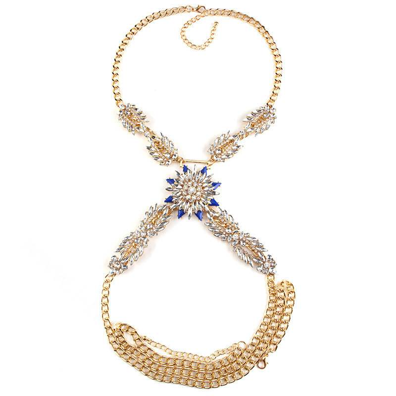 Simple Diamond Flower Pendant Necklace Bikini Beach Dress Decro Body Chain Jewelry - Blue