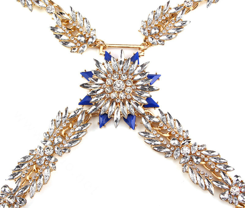Simple Diamond Flower Pendant Necklace Bikini Beach Dress Decro Body Chain Jewelry - Blue