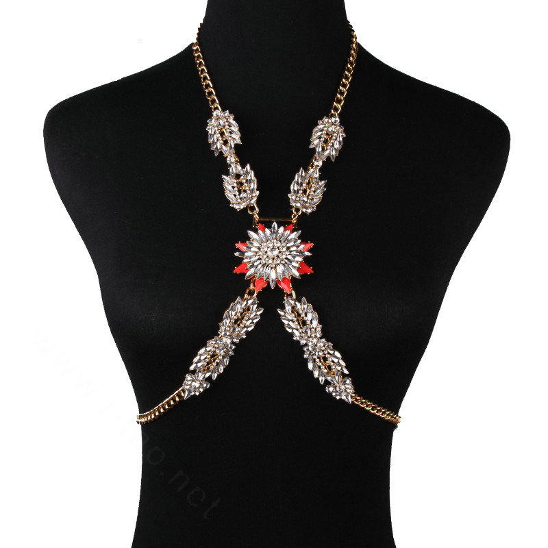 Simple Diamond Flower Pendant Necklace Bikini Beach Dress Decro Body Chain Jewelry - Red