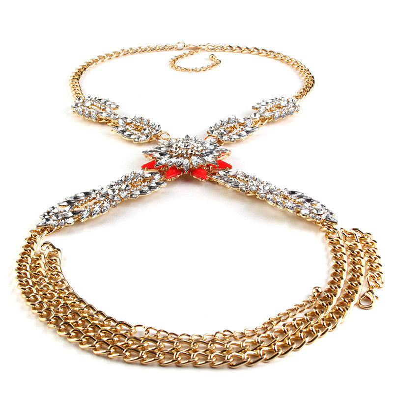 Simple Diamond Flower Pendant Necklace Bikini Beach Dress Decro Body Chain Jewelry - Red