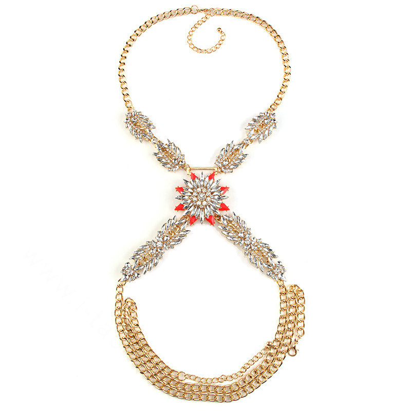 Simple Diamond Flower Pendant Necklace Bikini Beach Dress Decro Body Chain Jewelry - Red
