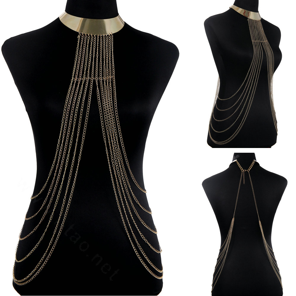 Simple Multi Layer Body Chain Punk Long Choker Necklace Harness Bikini Jewelry - Gold